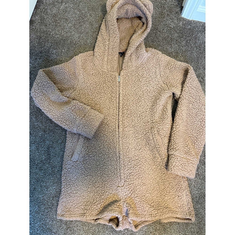 Fashion Nova Sherpa Teddy Bear Romper Womens XL Tan Excellent Hooded Zip 3D Ears